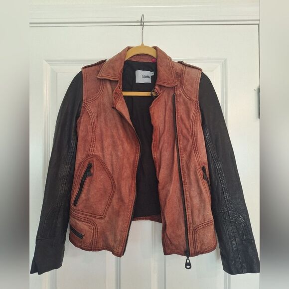 Doma Womens Leather Jacket Distressed Color Block 2 Tone Brown Black Moto Coat S - Picture 2 of 10